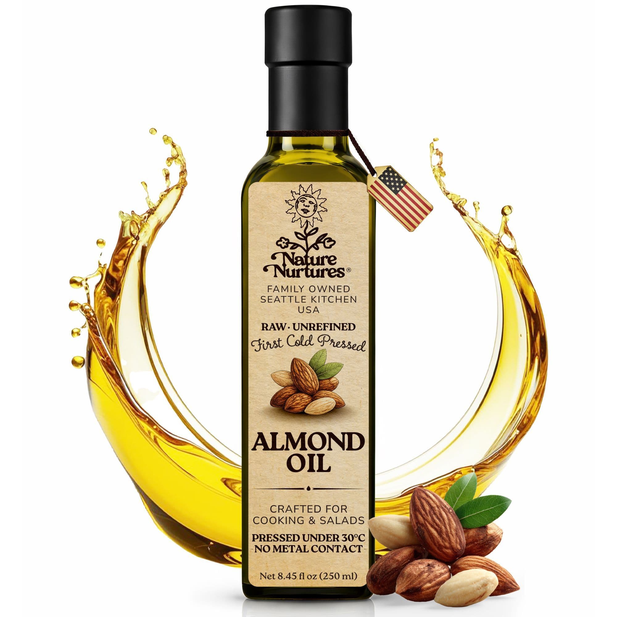 Raw unrefined almond oil, first cold pressed under 30°C using a non metal or wood contact method that helps preserve the oil’s natural structure. Made from whole almonds sourced from suppliers following organic, non GMO and kosher standards, small batch crafted in the United States for cooking and salads. Poured into a glass bottle, 8.45 fl oz (250 ml).