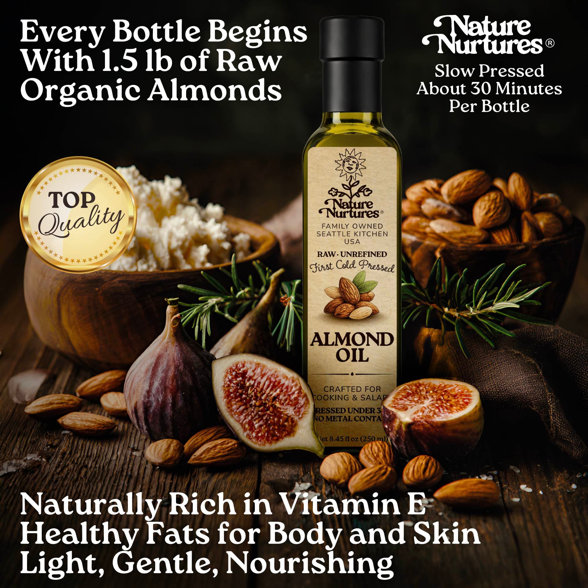 Every bottle begins with 1.5 lb of raw organic almonds, marked by top quality and slowly pressed for about 30 minutes, carrying the patience of something made with care, as if time itself slows down for it. Naturally rich in vitamin E and healthy fats for body and skin, it feels light, gentle, and nourishing, the kind of quiet nourishment you don’t need to question.