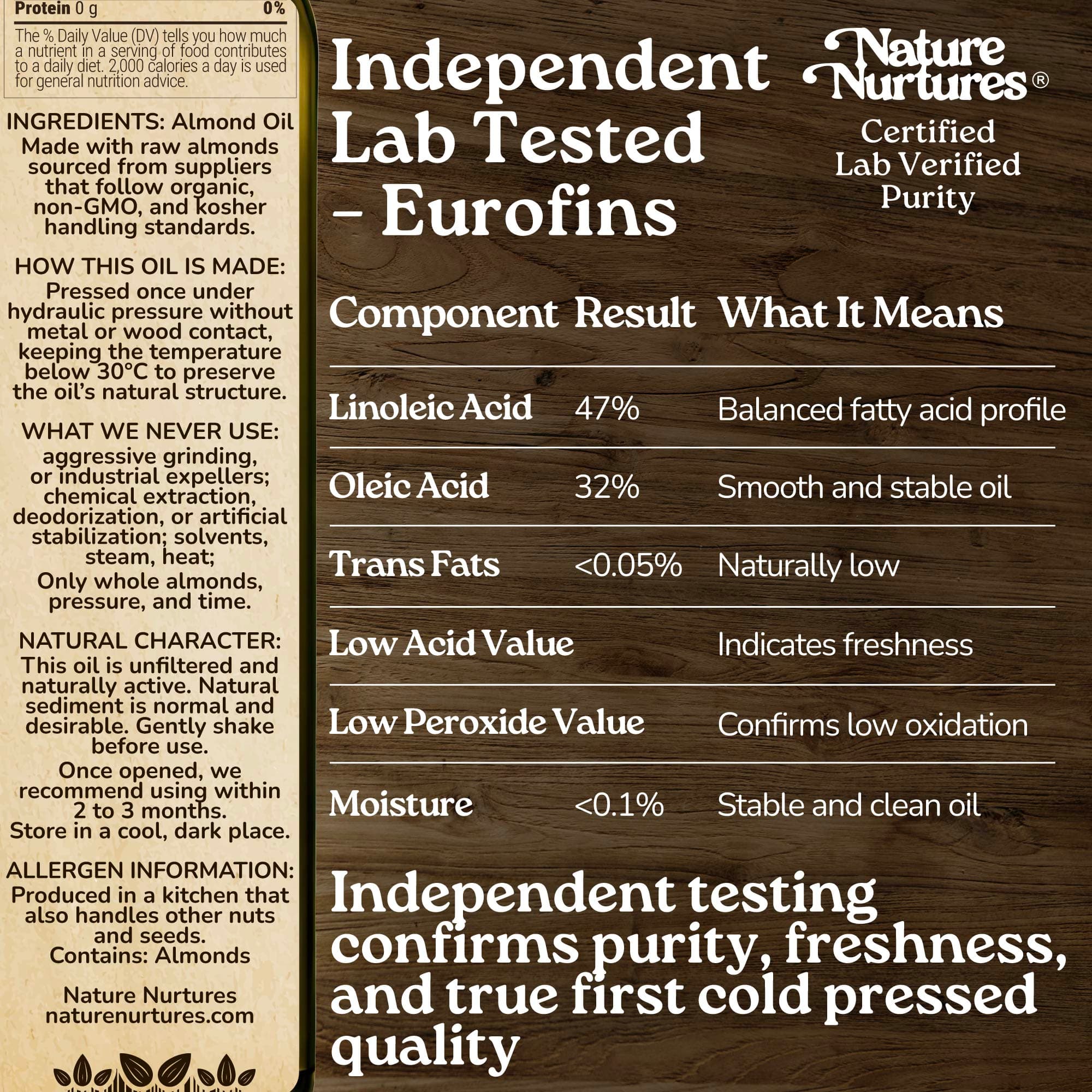 This care is confirmed through independent lab testing by Eurofins, where purity, freshness, and true first cold pressed quality are proven, not loudly, but with certainty. Pressed once below 30°C without metal or wood contact, the oil keeps its natural structure, balanced, clean, and stable, just as it was meant to be.