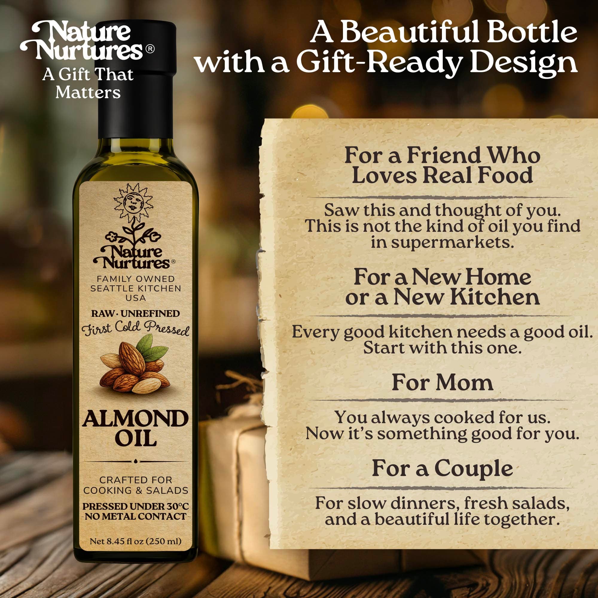 In the end, it becomes more than a bottle, it becomes something you give, like when someone brings it to a friend and says, “I thought you’d enjoy something real,” or leaves it as a housewarming gift with, “For your new kitchen,” or hands it to their mother with, “You deserve something better.” It finds its way into small, honest moments, simple meals, quiet dinners, and conversations at the table, the kind that stay with you long after everything is cleared.