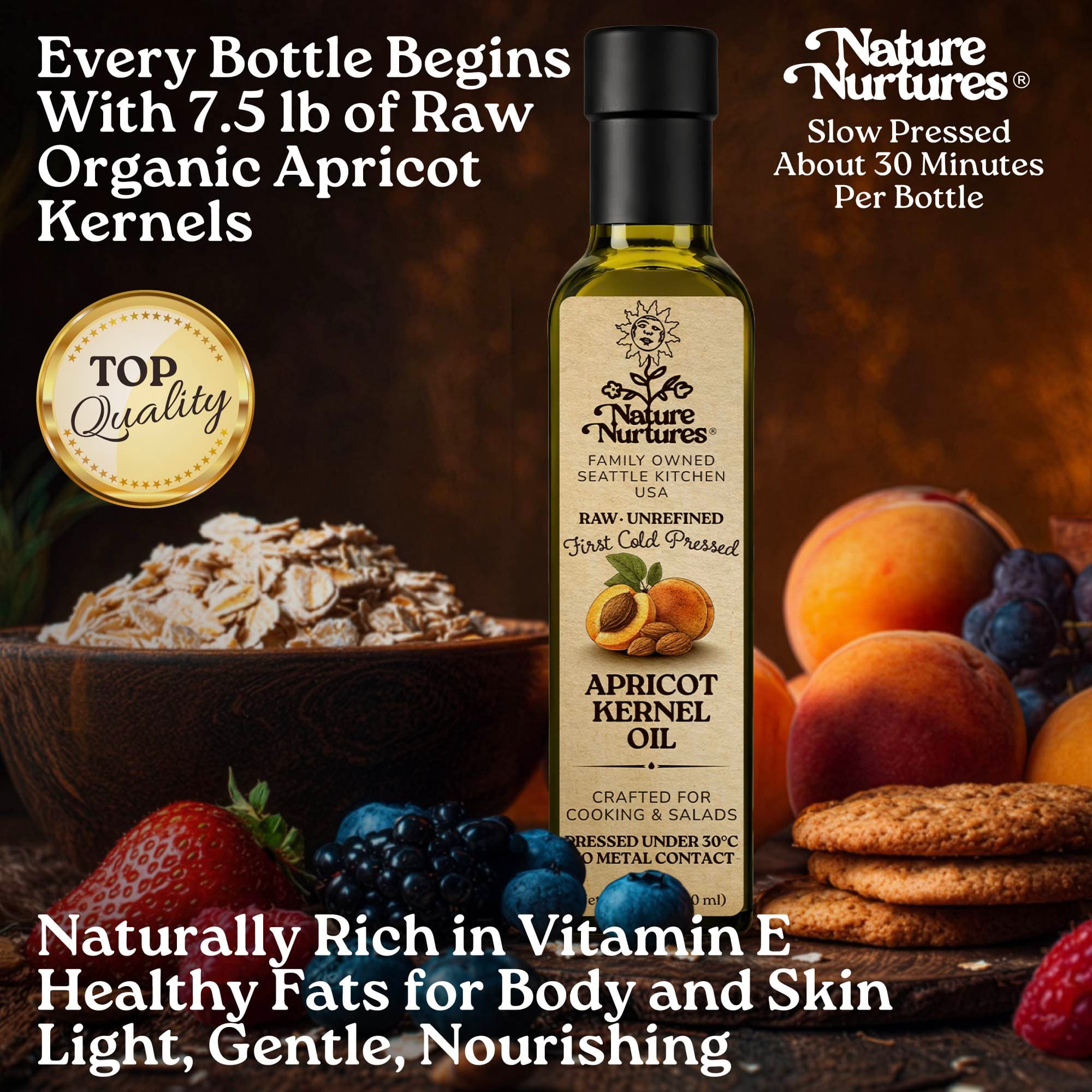 Every bottle begins with 7.5 lb of raw organic apricot kernels, marked by top quality and slowly pressed for about 30 minutes, carrying the patience of something made with care, as if time itself slows down for it. Naturally rich in vitamin E and healthy fats for body and skin, it feels light, gentle, and nourishing.