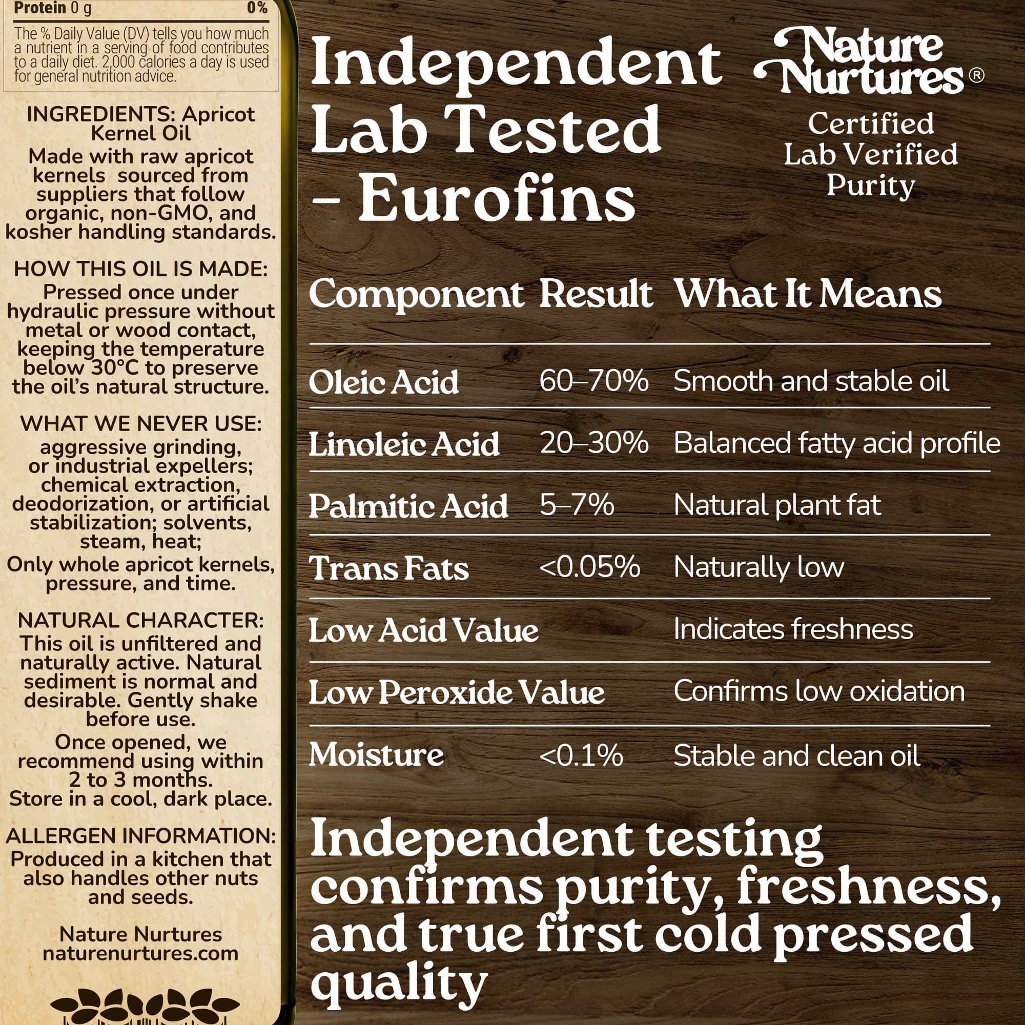 This care is confirmed through independent lab testing by Eurofins, where purity, freshness, and true first cold pressed quality are proven, not loudly, but with certainty. Pressed once below 30°C without metal or wood contact, the oil keeps its natural structure, balanced, clean, and stable, just as it was meant to be.