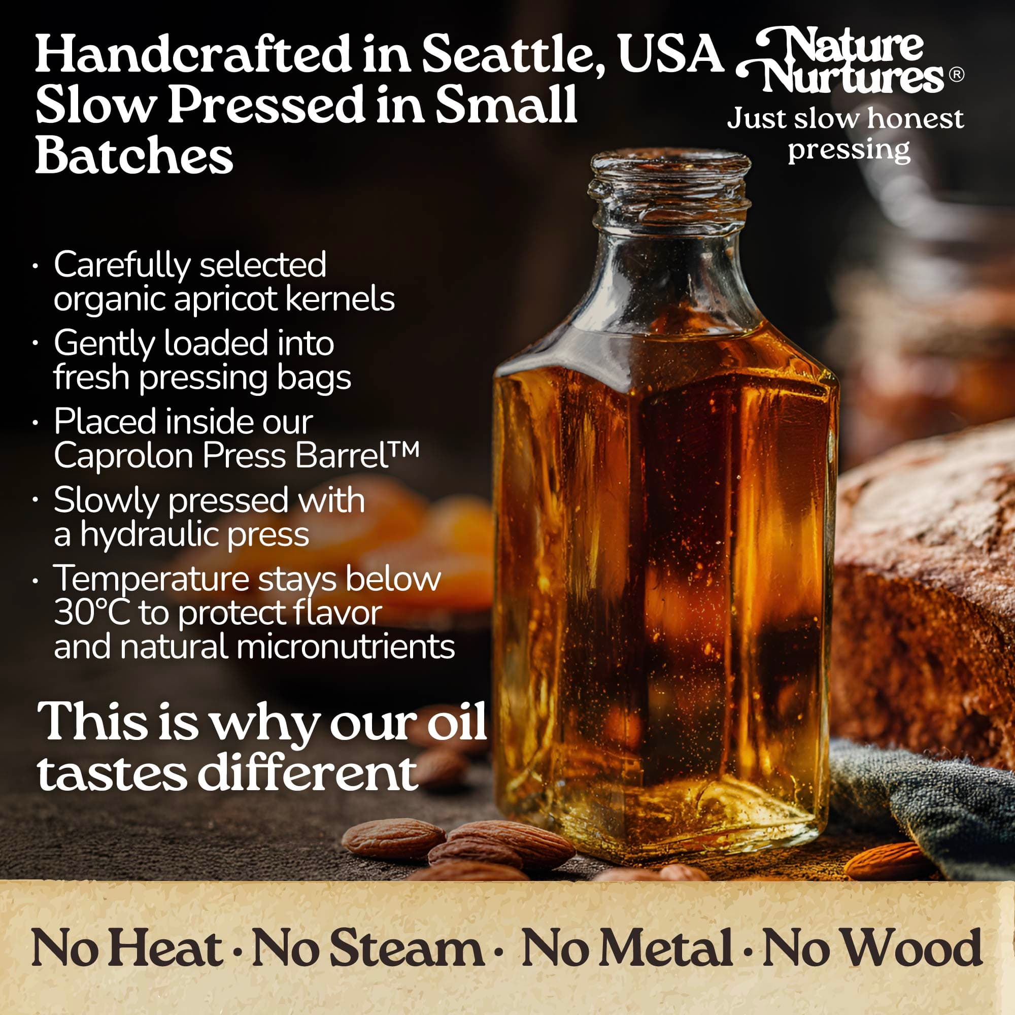 It continues in a small Seattle USA kitchen, where each batch is handcrafted and slowly pressed from carefully selected organic apricot kernels. They are loaded into pressing bags, placed in the Caprolon Press Barrel, and pressed with a hydraulic press, where oil flows drop by drop into glass bottles. Temperature stays below 30°C to protect flavor and micronutrients. No heat, no steam, no metal, no wood, just slow, honest pressing that explains why the oil tastes different.