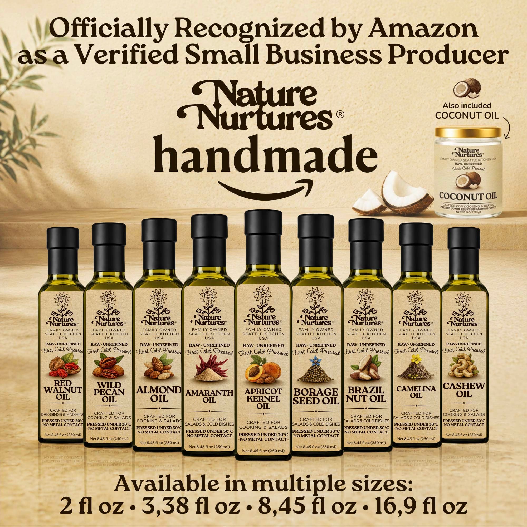 Over time, this approach becomes a full collection, officially recognized by Amazon as a verified small business producer, where each bottle carries the same careful standard and remains handmade, standing together like a quiet line of craft, including apricot kernel oil, almond oil, walnut oil, black cumin seed oil, pumpkin seed oil, sesame oil, flaxseed oil, coconut oil, and more, available in 60 ml (2 fl oz), 100 ml (3.38 fl oz), 250 ml (8.45 fl oz), and 500 ml (16.9 fl oz) sizes.