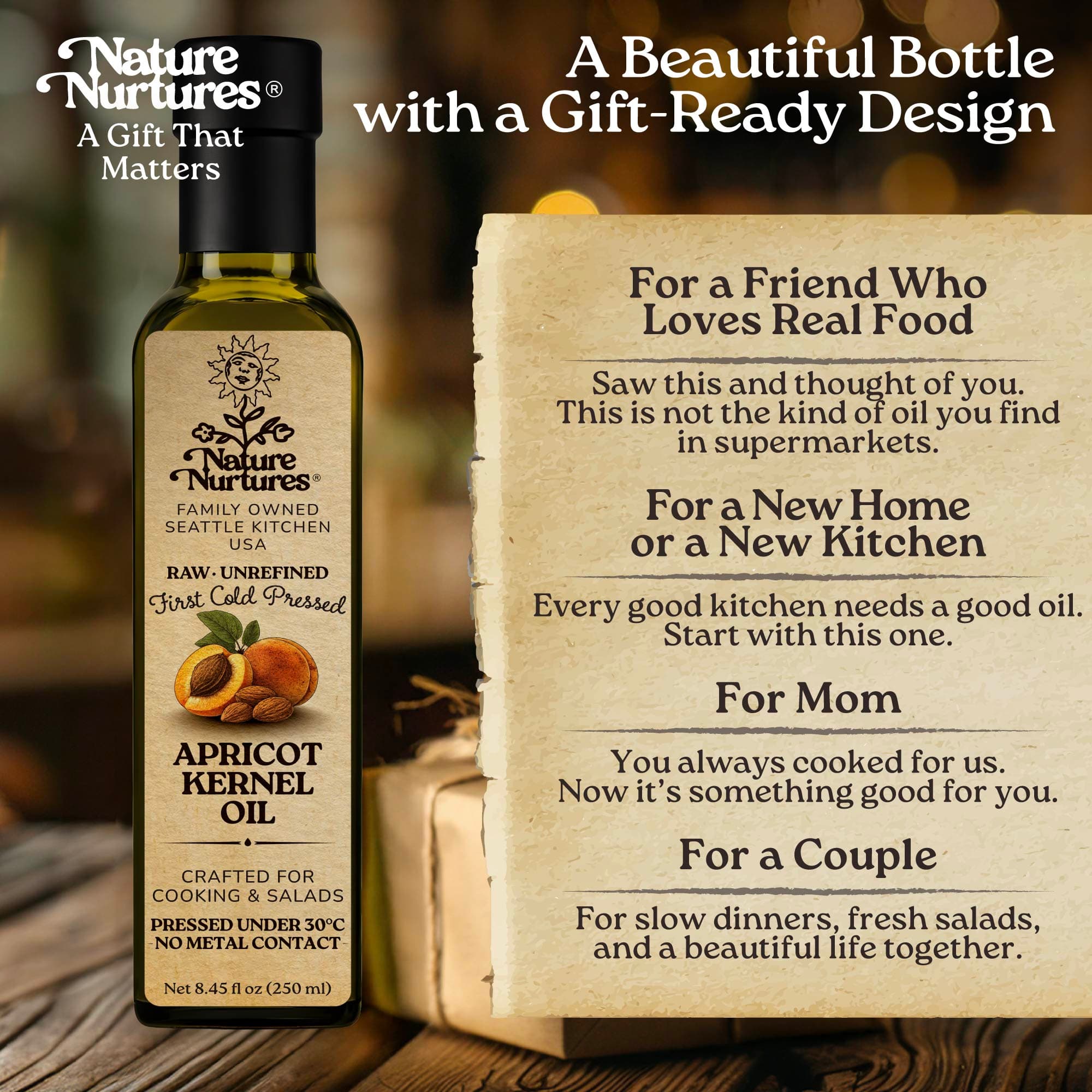 In the end, it becomes more than a bottle, it becomes something you give, like when someone brings it to a friend and says, “I thought you’d enjoy something real,” or leaves it as a housewarming gift with, “For your new kitchen,” or hands it to their mother with, “You deserve something better.” It finds its way into small, honest moments, simple meals, quiet dinners, and conversations at the table, the kind that stay with you long after everything is cleared.