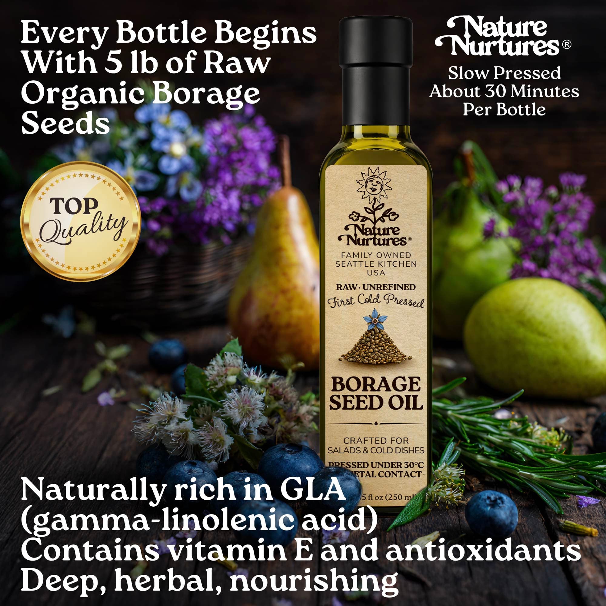 Every bottle begins with 5 lb of raw organic borage seeds, marked by top quality and slowly pressed for about 30 minutes, carrying the patience of something made with care, as if time itself slows down for it. Naturally rich in GLA (gamma linolenic acid), vitamin E, and antioxidants, it feels deep, herbal, and nourishing.