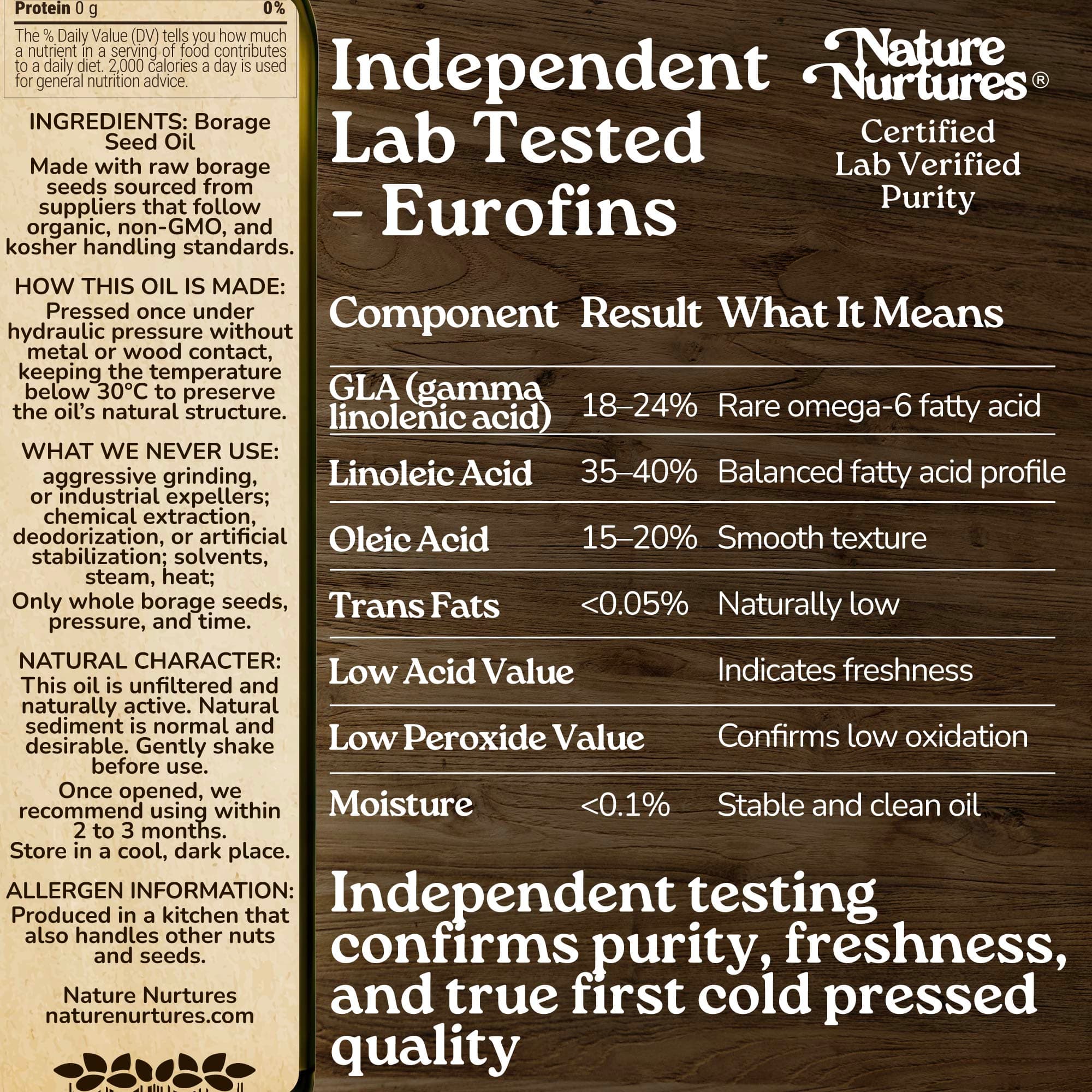 This care is confirmed through independent lab testing by Eurofins, where purity, freshness, and true first cold pressed quality are proven, not loudly, but with certainty. Pressed once below 30°C without metal or wood contact, the oil keeps its natural structure, balanced, clean, and stable, just as it was meant to be.
