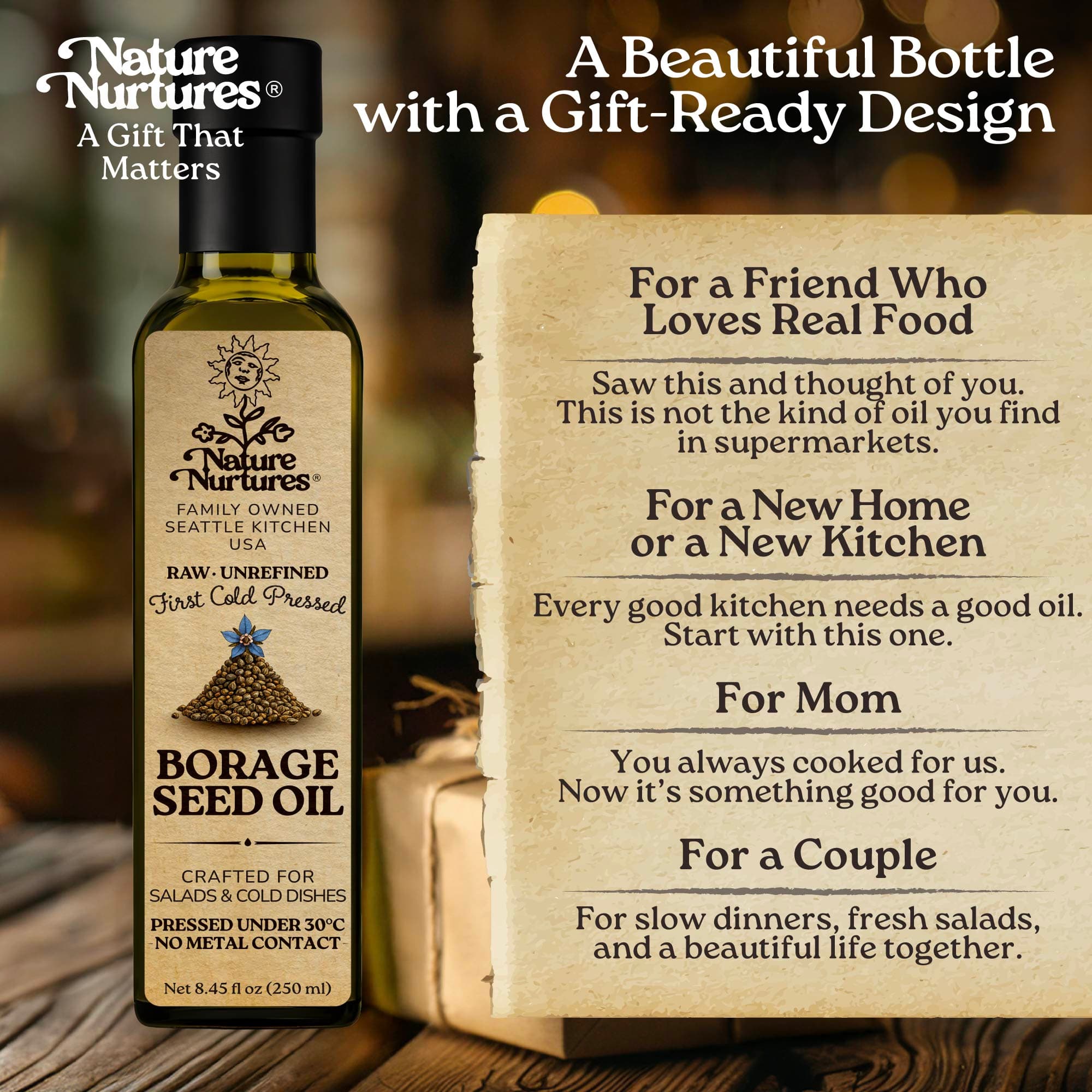 In the end, it becomes more than a bottle, it becomes something you give, like when someone brings it to a friend and says, “I thought you’d enjoy something real,” or leaves it as a housewarming gift with, “For your new kitchen,” or hands it to their mother with, “You deserve something better.” It finds its way into small, honest moments, simple meals, quiet dinners, and conversations at the table, the kind that stay with you long after everything is cleared.