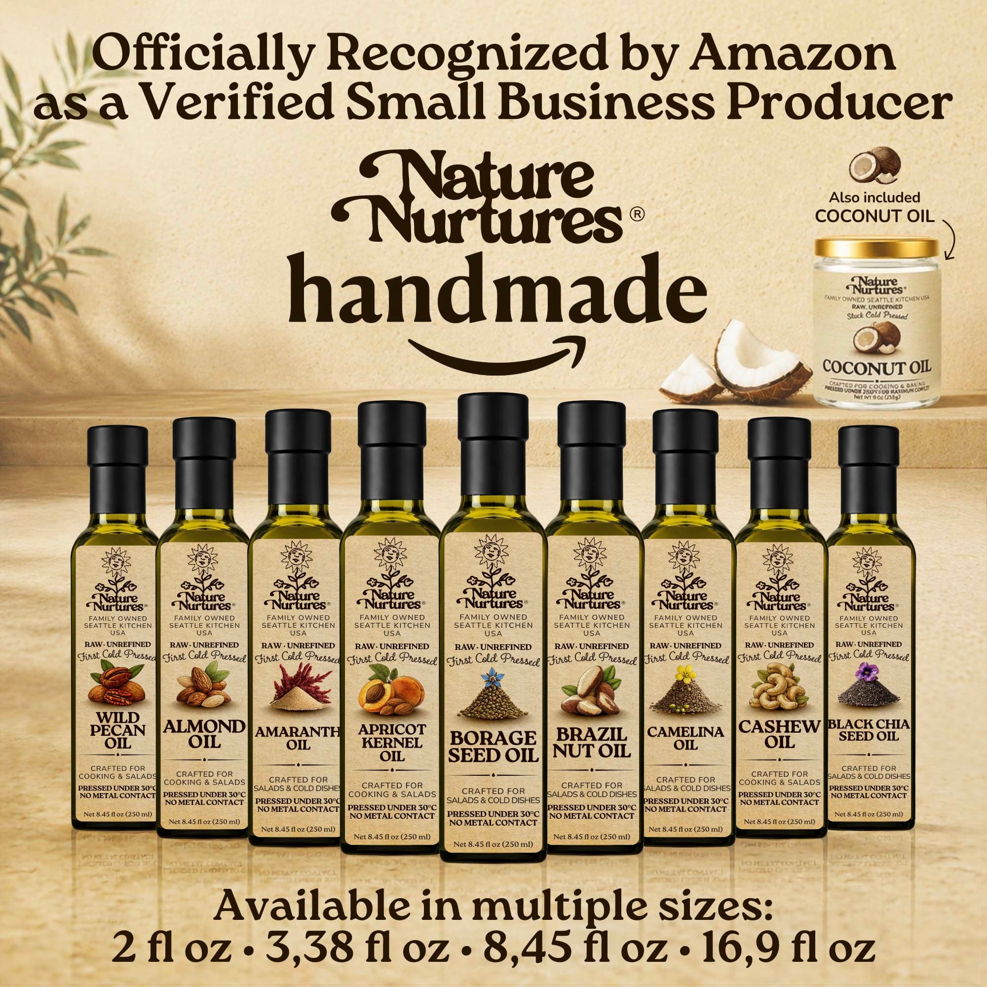 Over time, this approach becomes a full collection, officially recognized by Amazon as a verified small business producer, where each bottle carries the same careful standard and remains handmade, standing together like a quiet line of craft, including borage seed oil, apricot kernel oil, amaranth oil, almond oil, walnut oil, pumpkin seed oil, sesame oil, flaxseed oil, coconut oil, and more, available in 60 ml (2 fl oz), 100 ml (3.38 fl oz), 250 ml (8.45 fl oz), and 500 ml (16.9 fl oz) sizes.