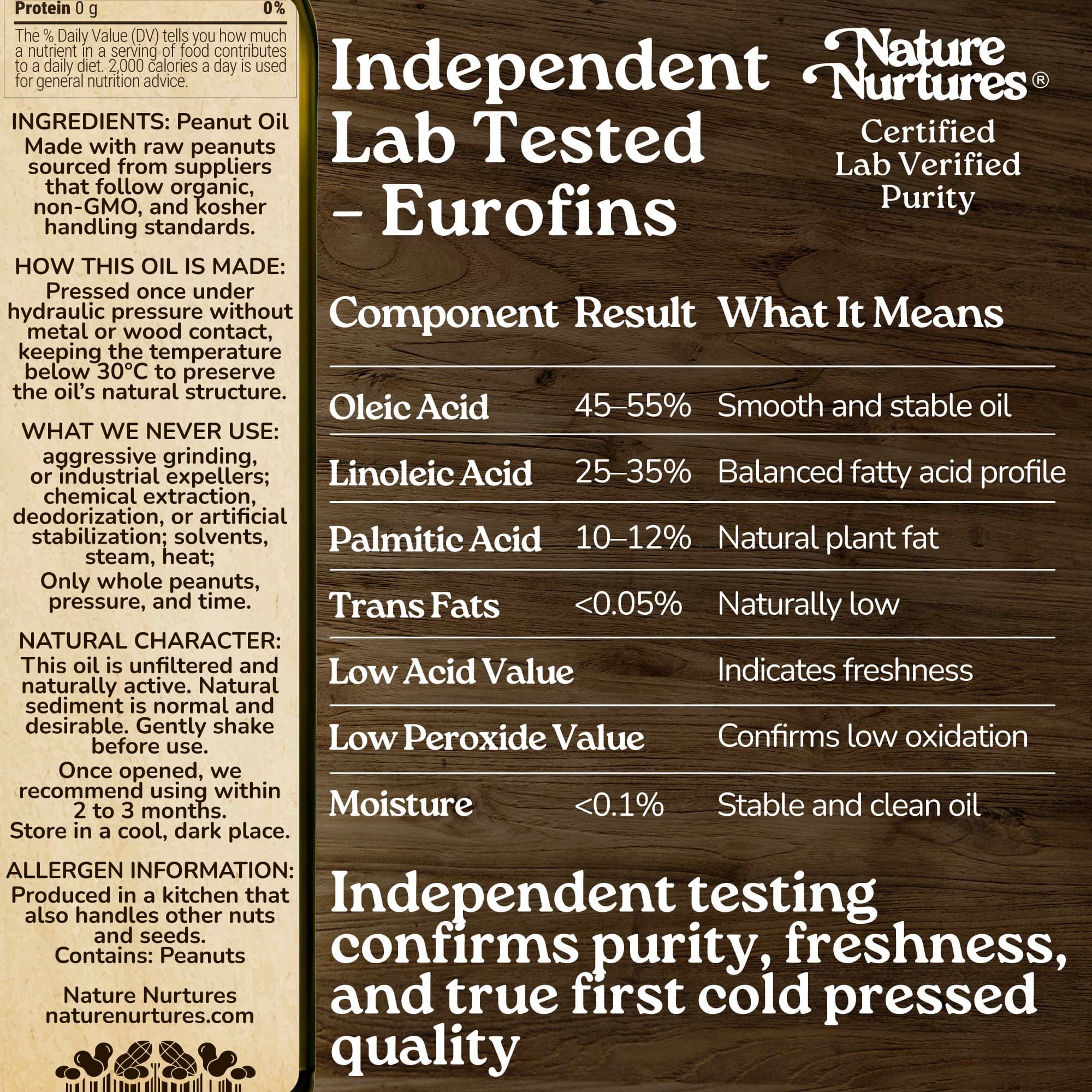 This care is confirmed through independent lab testing by Eurofins, where purity, freshness, and true first cold pressed quality are proven. Pressed once below 30°C without metal or wood contact, the oil keeps its natural structure, smooth, clean, and true to its origin.