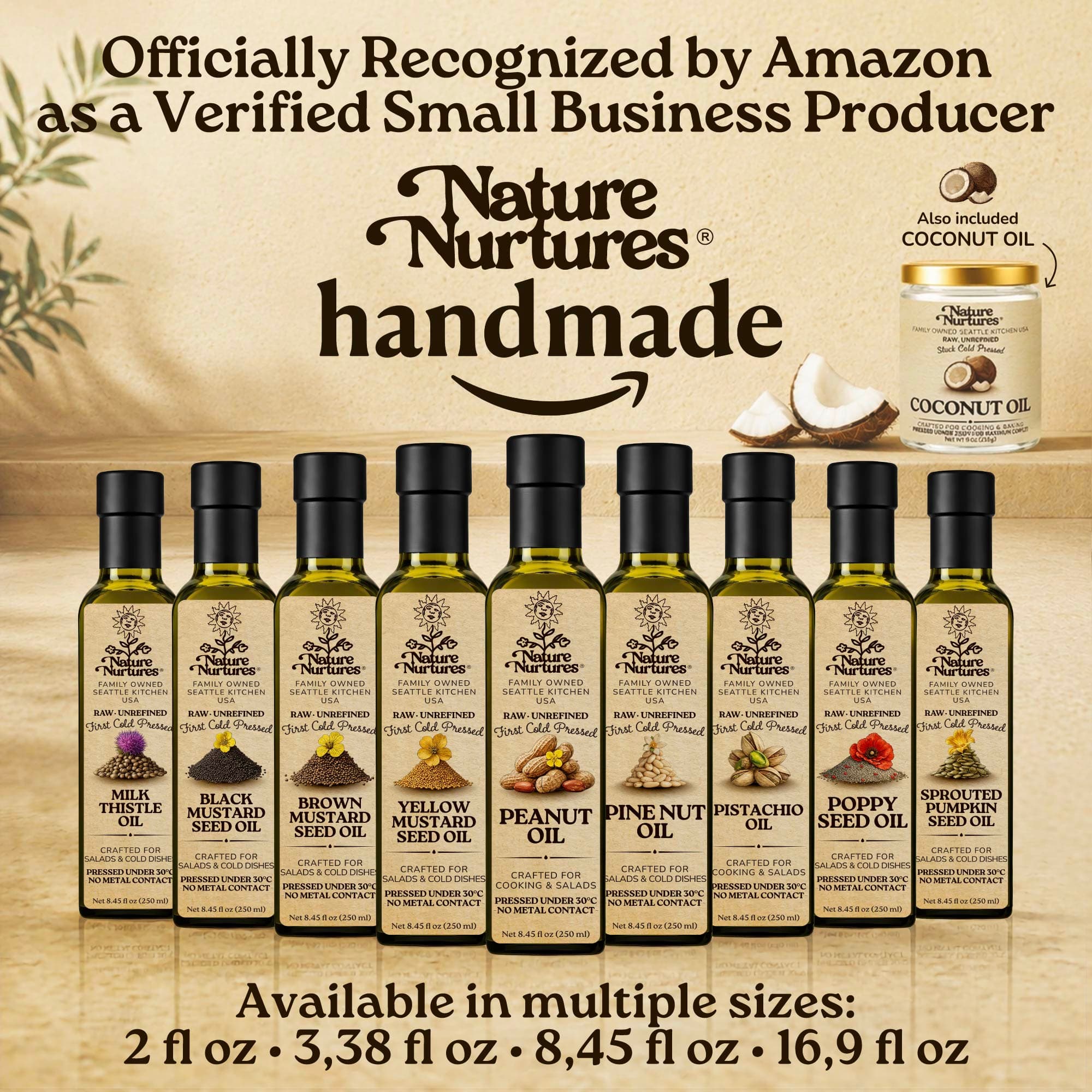 Over time, this approach becomes a full collection, officially recognized by Amazon as a verified small business producer, where each bottle carries the same careful standard and remains handmade, standing together like a quiet line of craft, including peanut oil, almond oil, cashew oil, hazelnut oil, and walnut oil, available in 60 ml (2 fl oz), 100 ml (3.38 fl oz), 250 ml (8.45 fl oz), and 500 ml (16.9 fl oz) sizes.