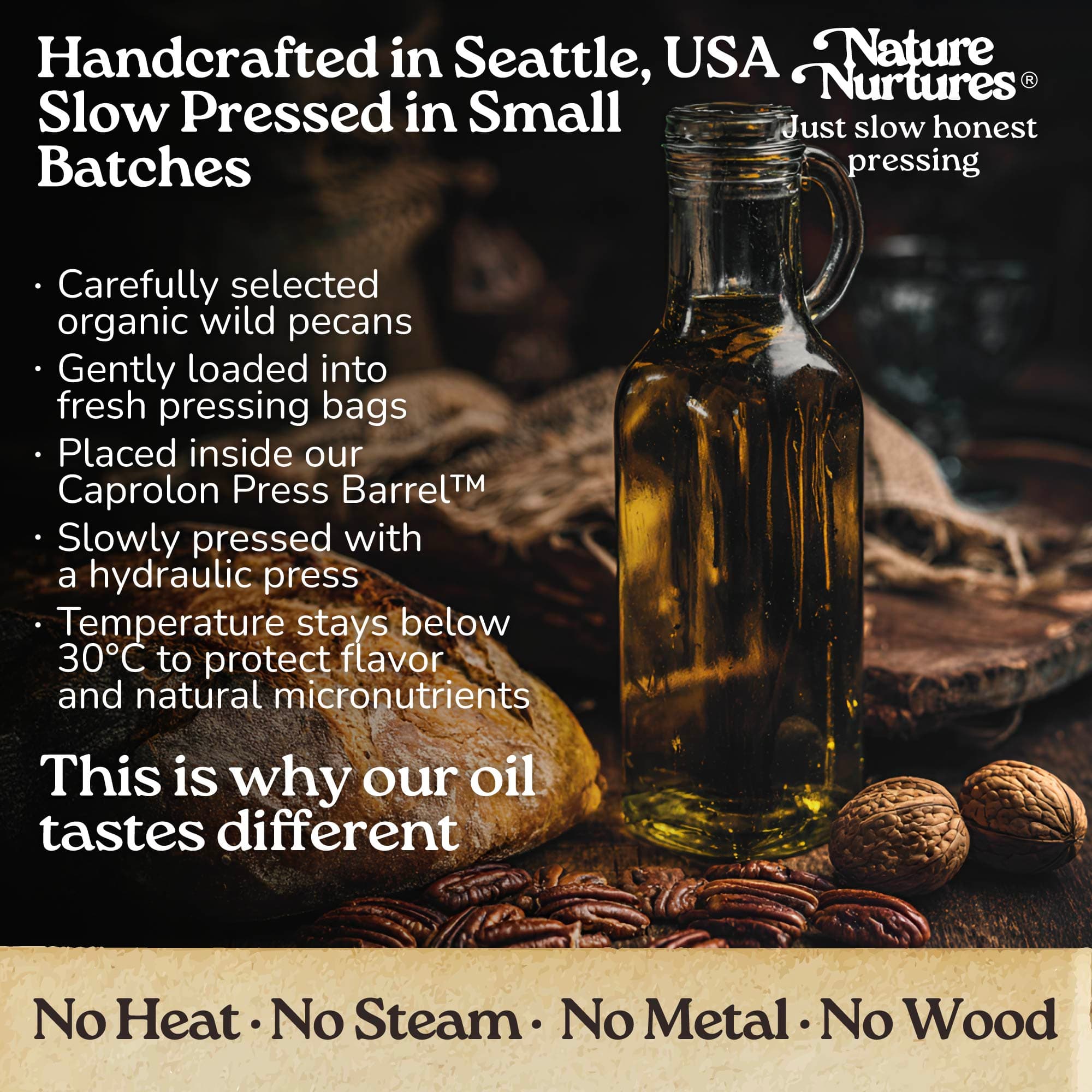 It continues in a small Seattle USA kitchen, where each batch is handcrafted and slowly pressed from carefully selected organic wild pecans. They are loaded into pressing bags, placed in the Caprolon Press Barrel, and pressed with a hydraulic press, where oil flows drop by drop into glass bottles. Temperature stays below 30°C to protect flavor and micronutrients. No heat, no steam, no metal, no wood, just slow, honest pressing that explains why the oil tastes different.