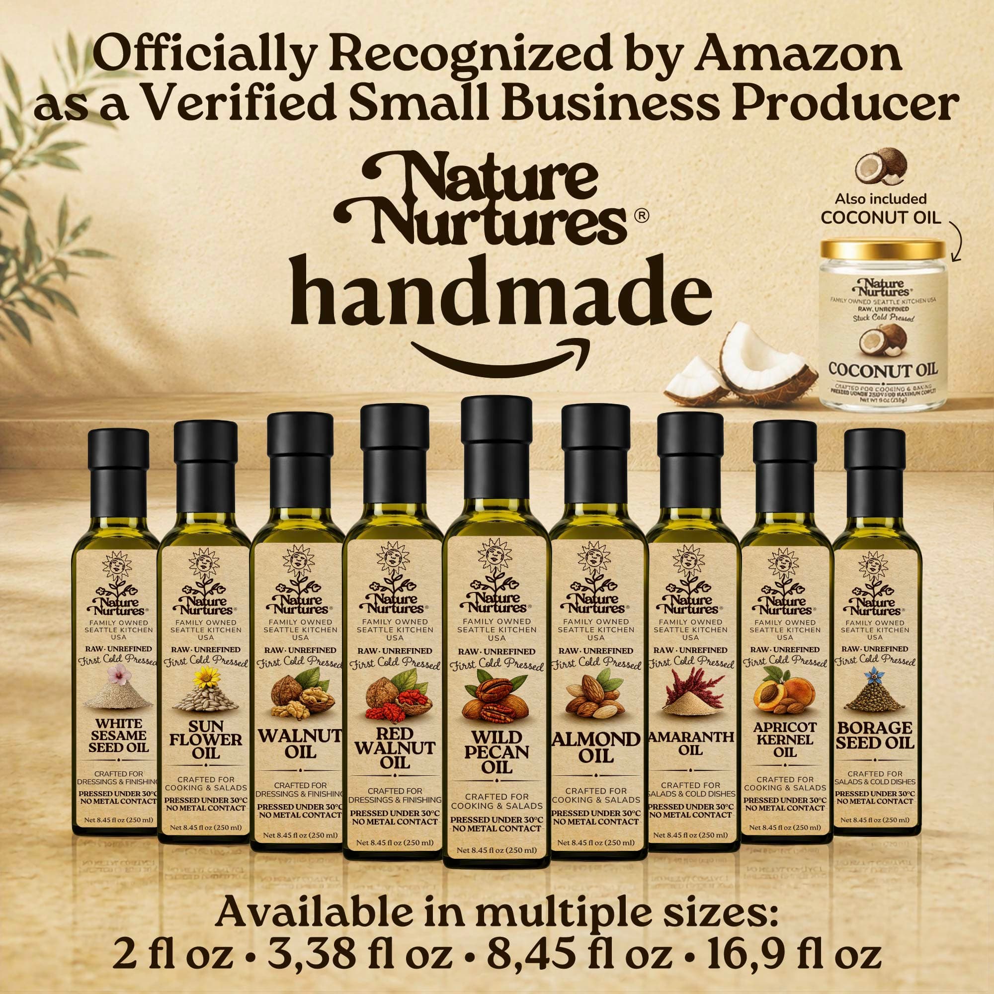 Over time, this approach becomes a full collection, officially recognized by Amazon as a verified small business producer, where each bottle carries the same careful standard and remains handmade, standing together like a quiet line of craft, including wild pecan oil, walnut oil, almond oil, hazelnut oil, and macadamia oil, available in 60 ml (2 fl oz), 100 ml (3.38 fl oz), 250 ml (8.45 fl oz), and 500 ml (16.9 fl oz) sizes.