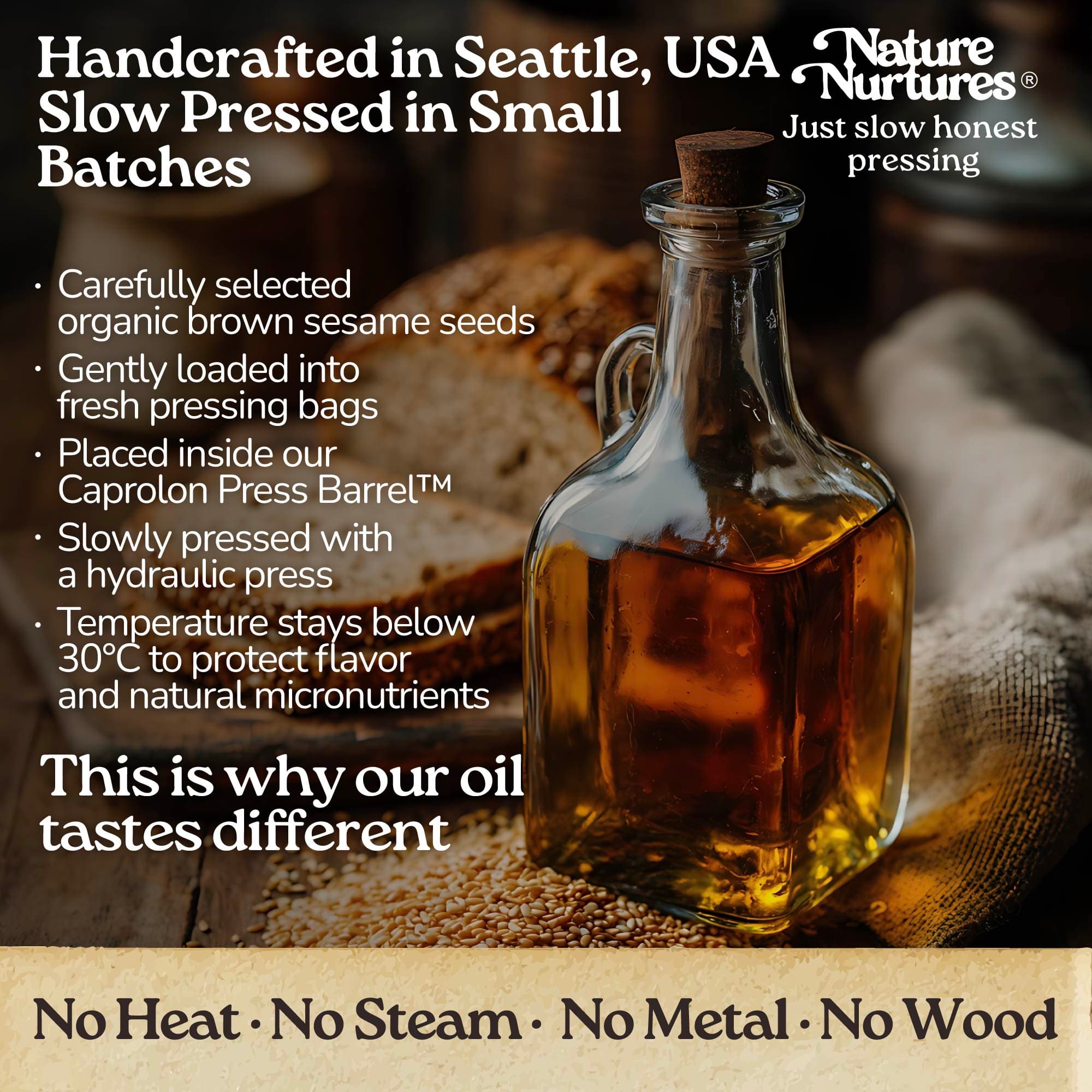 It continues in a small Seattle USA kitchen, where each batch is handcrafted and slowly pressed from carefully selected organic brown sesame seeds. They are loaded into pressing bags, placed into the Caprolon Press Barrel, and pressed with a hydraulic press, where the oil flows drop by drop into glass bottles. Temperature stays below 30°C to protect flavor and micronutrients. No heat, no steam, no metal, no wood, just slow, honest pressing that explains why the oil tastes different.