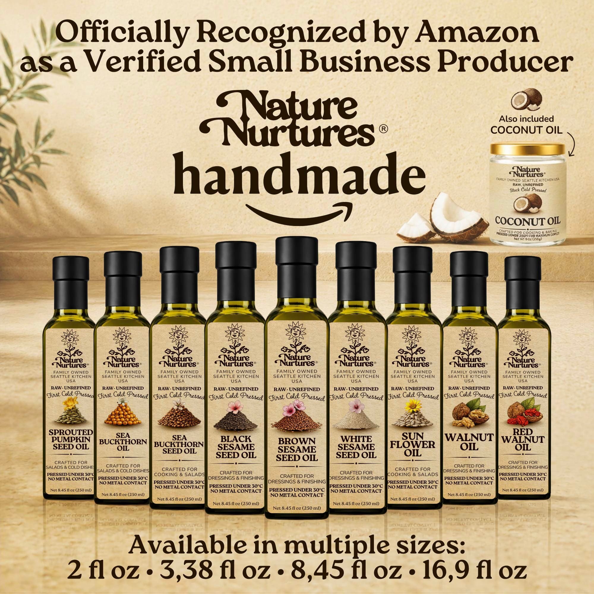 Over time, this approach becomes a full collection, officially recognized by Amazon as a verified small business producer, where each bottle carries the same careful standard and remains handmade, standing together like a quiet line of craft, including brown sesame seed oil, walnut oil, almond oil, hazelnut oil, and macadamia oil, available in 60 ml (2 fl oz), 100 ml (3.38 fl oz), 250 ml (8.45 fl oz), and 500 ml (16.9 fl oz) sizes.