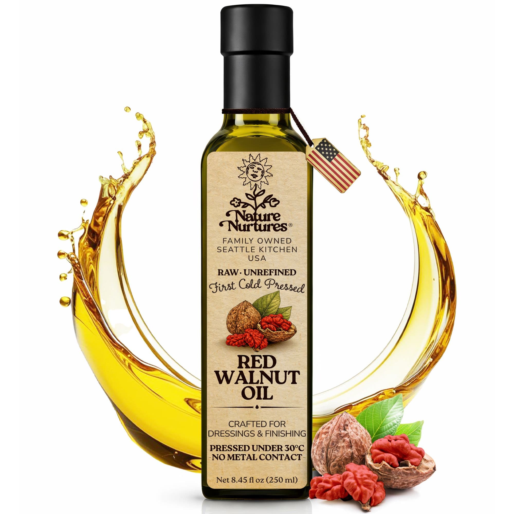 Raw unrefined red walnut oil, first cold pressed under 30°C using a non metal or wood contact method that helps preserve the oil’s natural structure. Made from red walnuts sourced from suppliers following organic, non GMO and kosher standards, small batch crafted in the United States for cooking and salads. Poured slowly into a glass bottle with care, 8.45 fl oz (250 ml).