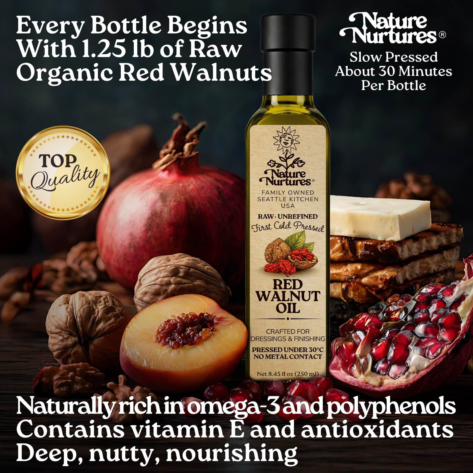 Every bottle begins with 1.25 lb of raw organic red walnuts, slowly pressed for about 30 minutes, carrying the patience of something made with care. The result is deep in flavor and naturally nutty. Naturally rich in omega 3 and polyphenols, vitamin E, and antioxidants, it feels rich, balanced, and quietly nourishing.