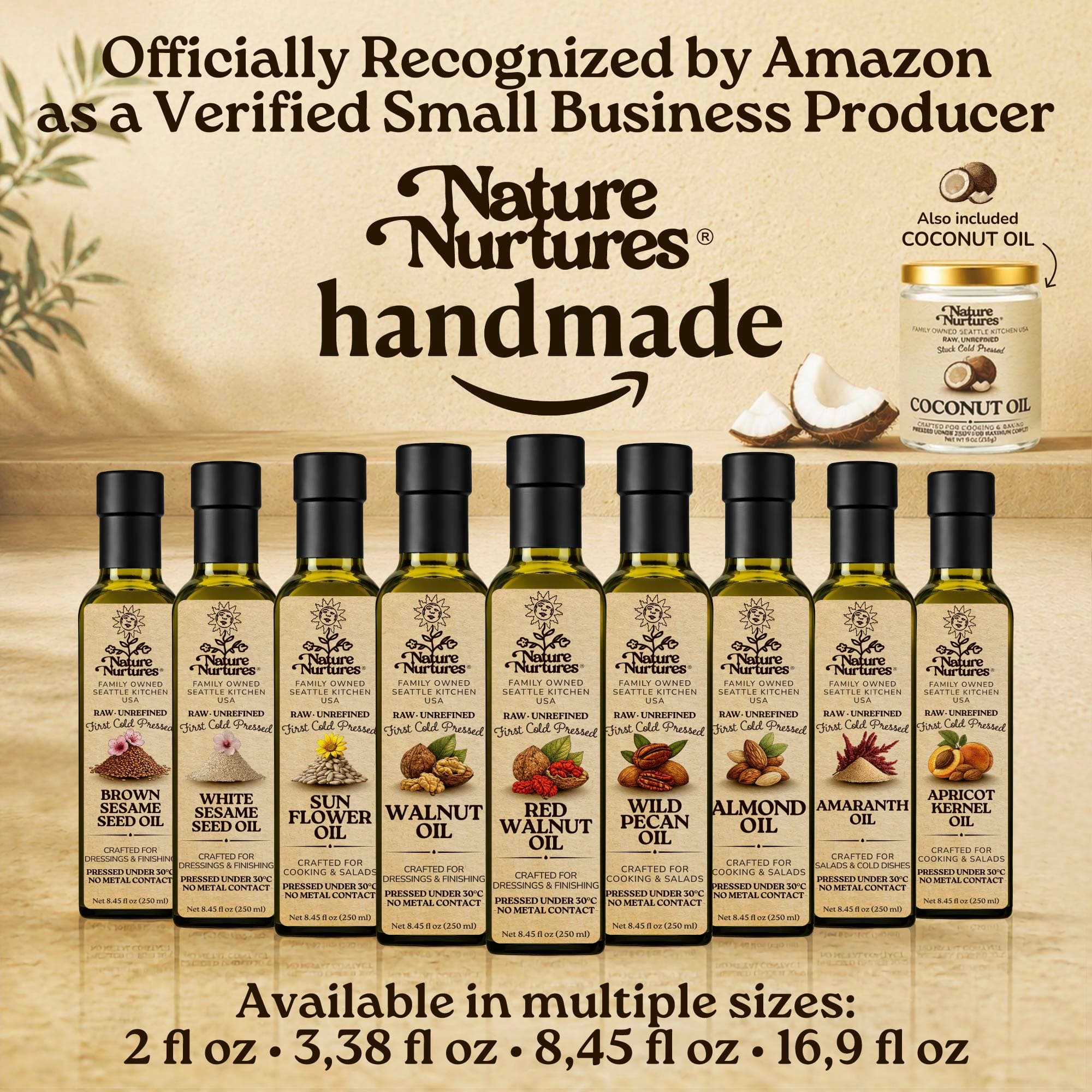 Over time, this approach becomes a full collection, officially recognized by Amazon as a verified small business producer, where each bottle carries the same careful standard and remains handmade, standing together like a quiet line of craft, including red walnut oil, walnut oil, almond oil, hazelnut oil, and macadamia oil, available in 60 ml (2 fl oz), 100 ml (3.38 fl oz), 250 ml (8.45 fl oz), and 500 ml (16.9 fl oz) sizes.